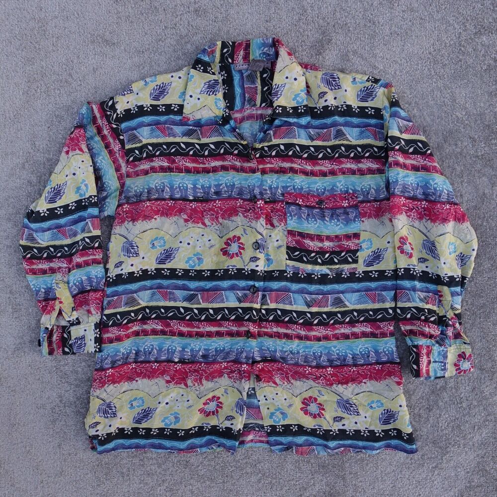 ROBERT STOCK Shirt Men's M Multicolor Floral Button Up 100% Silk Long Sleeve